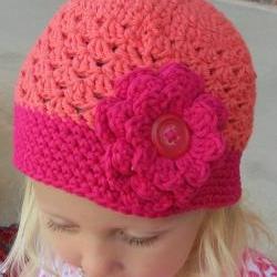 Strawberry Pink and Dark Peach Crochet Hat with Flower